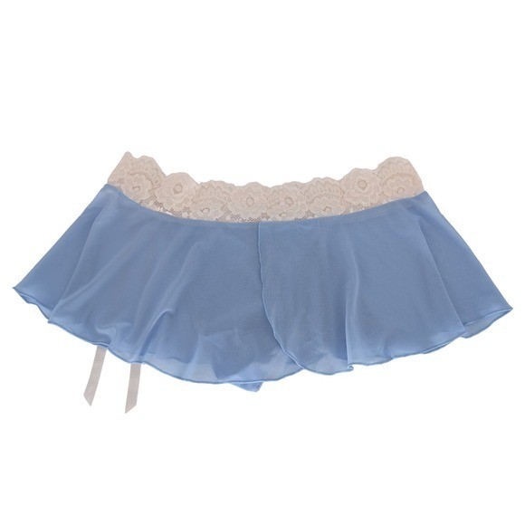 Y2K Sheer Mesh Micro Mini Skirt M Lingerie Blue Lace Trim Ruffle Indie Coquette