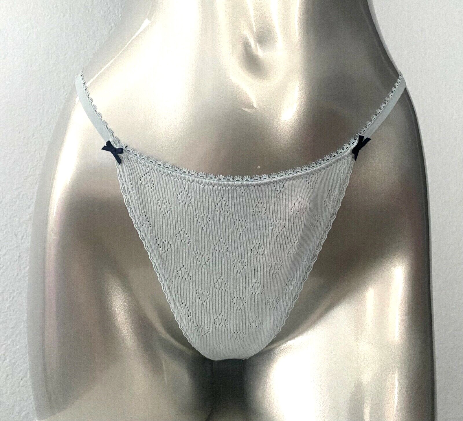 Victoria’s Secret V String Panty Pointelle Blue Heart Bow Cotton Blend M L XL