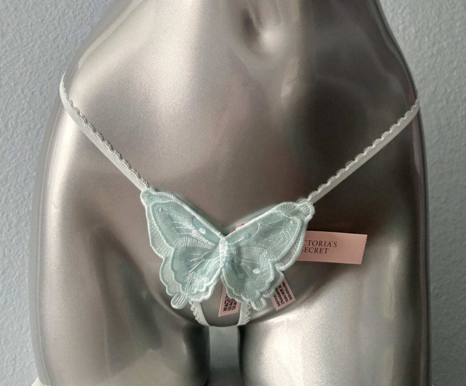 Victoria’s Secret Panty Thong V-String Aqua Butterfly Ouvert Nwt