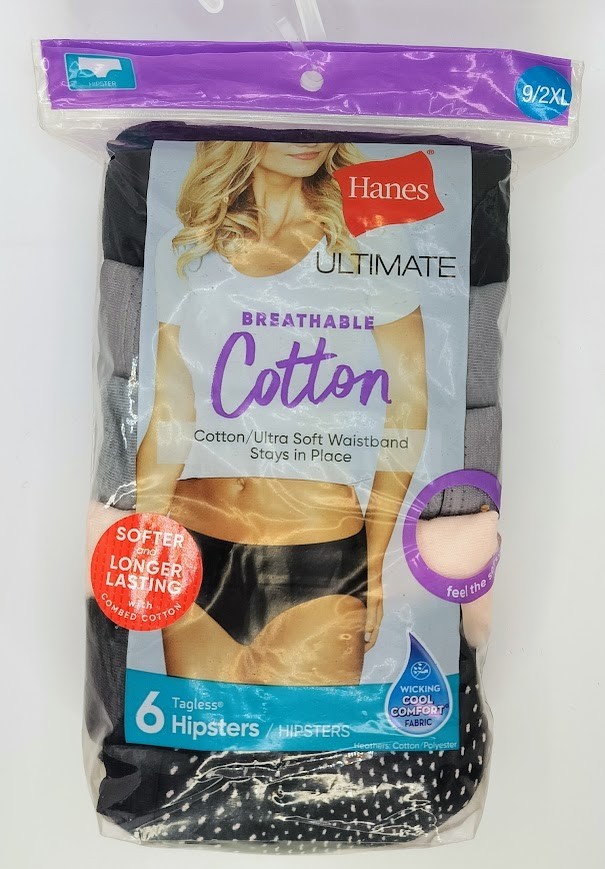 Hanes Women’s Ultimate Hipster Breathable Cotton 6-Pack 41H6CC Black 9/2XL NIP