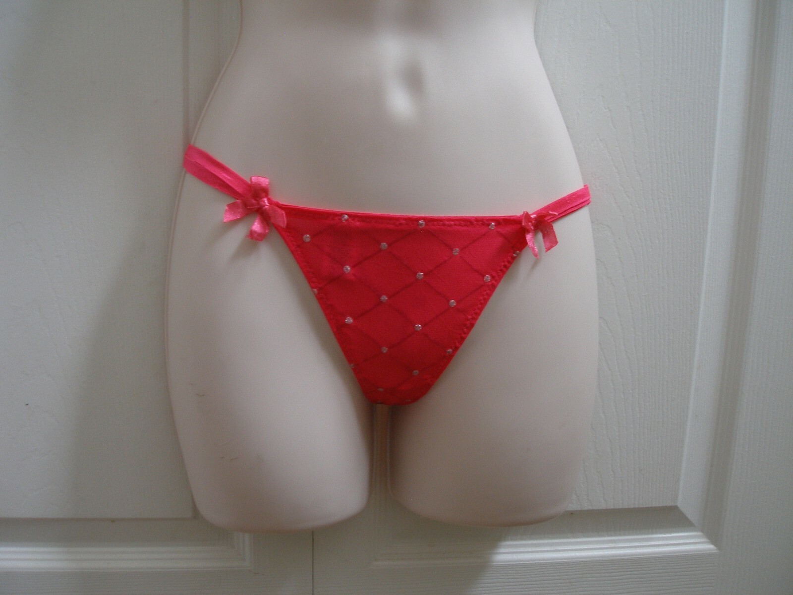 Women’s Small Thongs Hot Pink Panties Semi Sheer Fabric Silver Dots 3 Hip Band