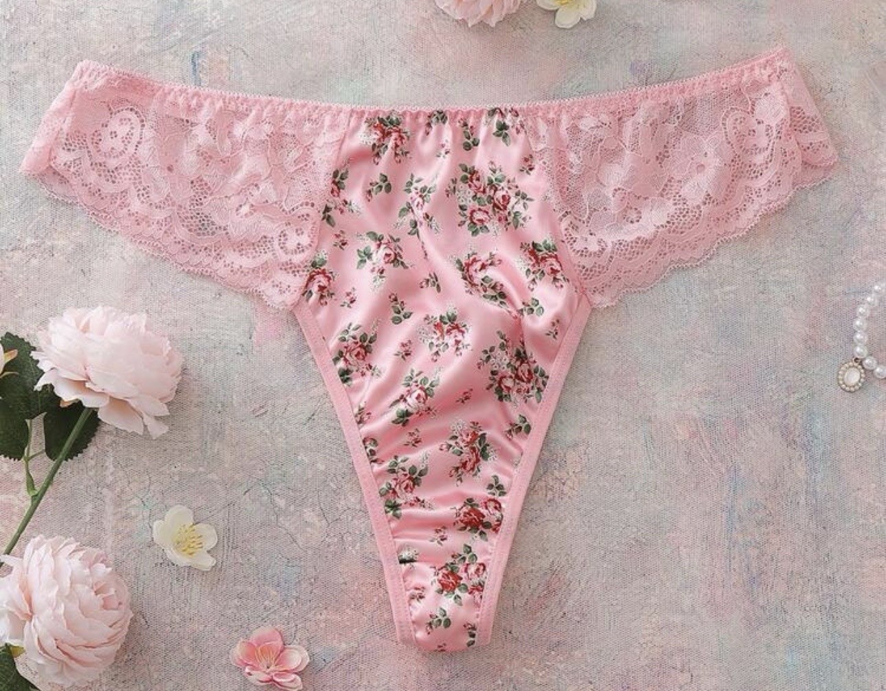 New 4X 4XL Shiny Pink Floral Satin & Scalloped Edge Lace Sides Bikini Panties