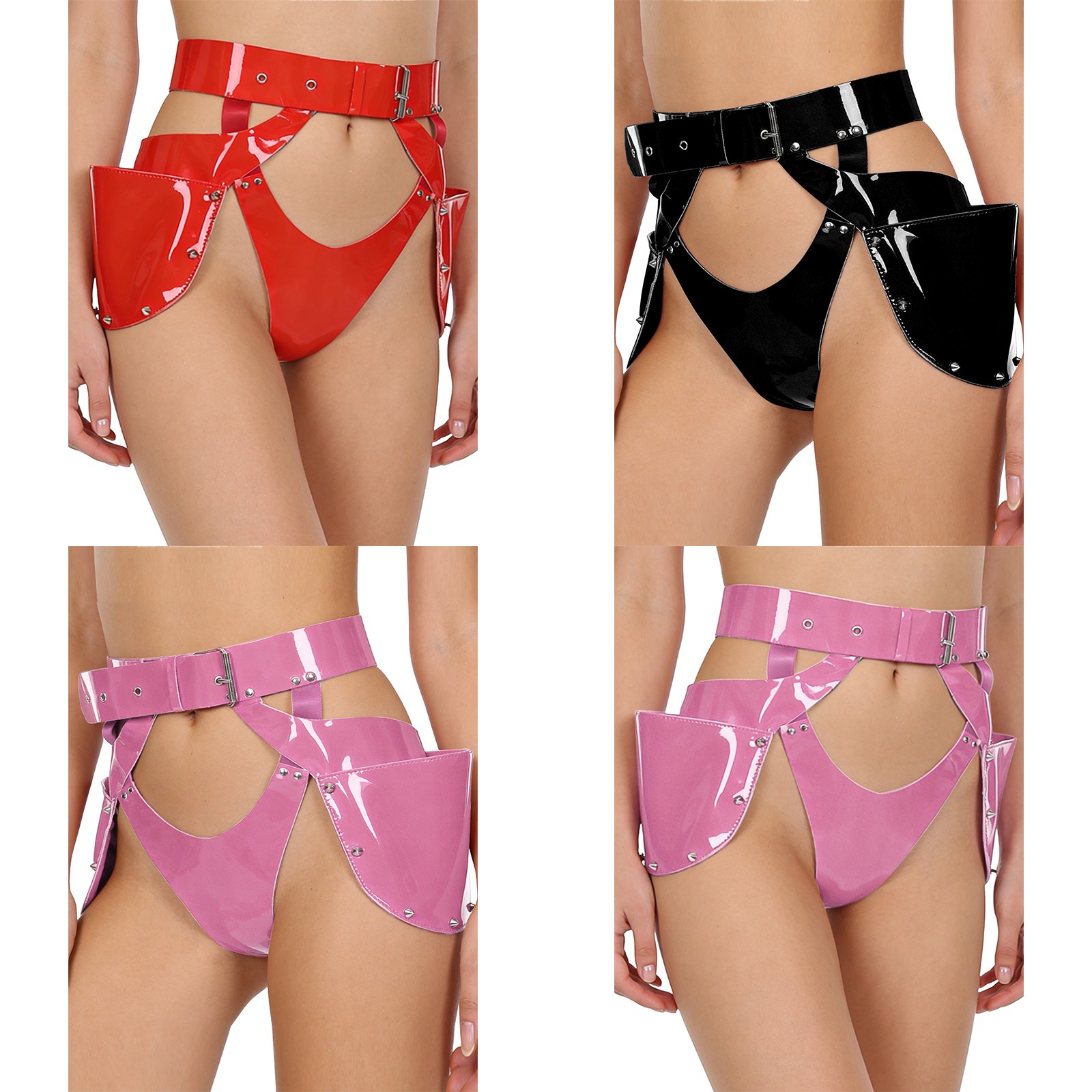 Womens Glossy PU Underwear Adjustable Waist Cutout Briefs Lingerie for Nightclub