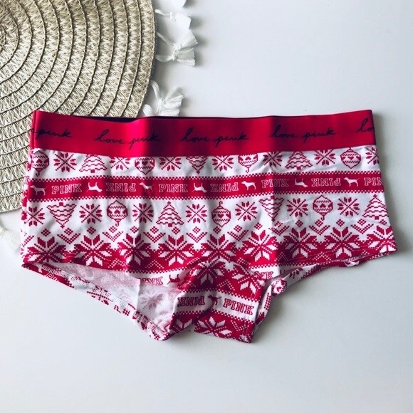 Victoria’s Secret PINK Logo Script Boyshort Panty Red Fairisle Small NEW
