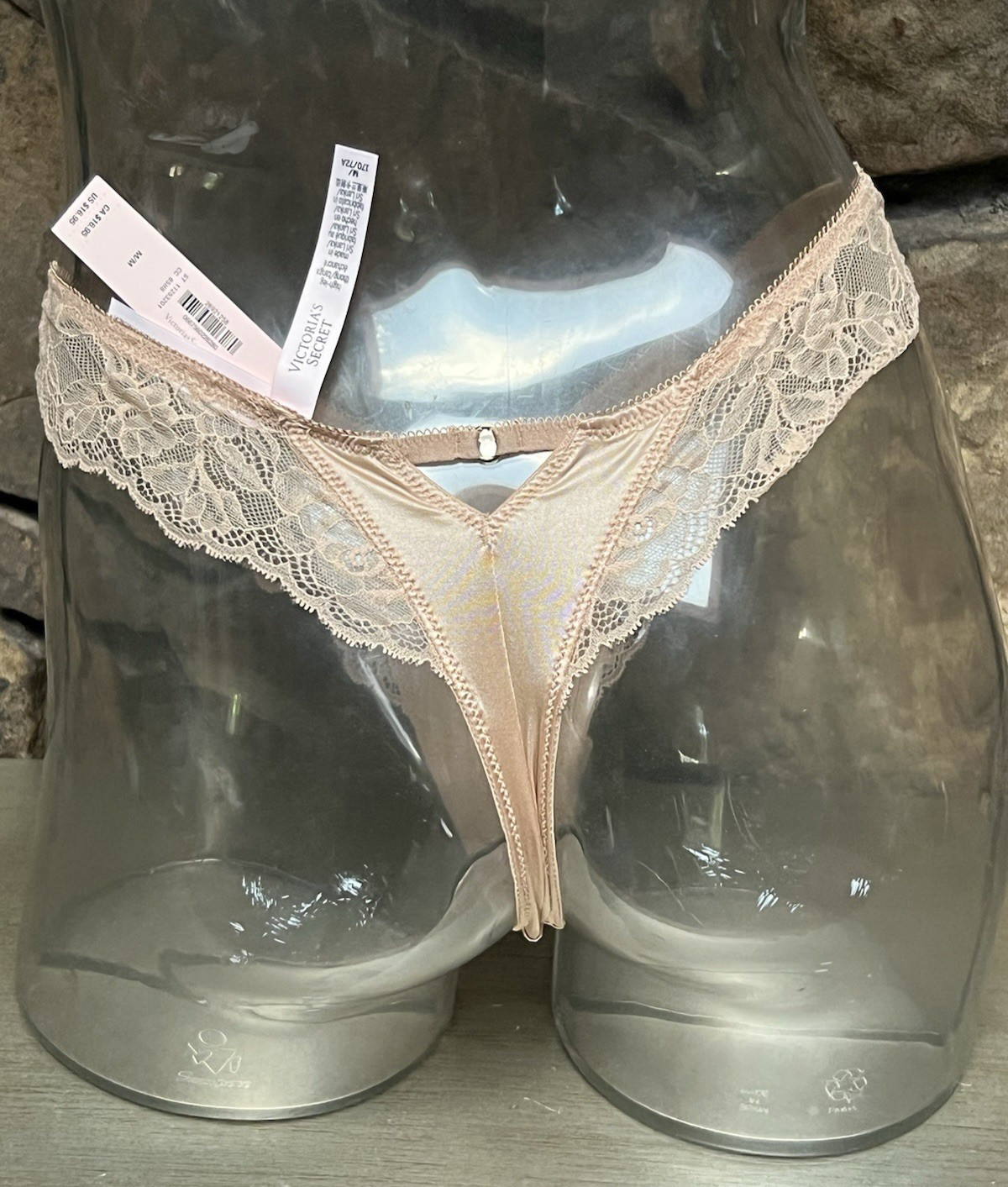 Victoria’s Secret Satin & Lace High Leg THONG Panty Sz M PRALINE 65H8 NWT$16.95