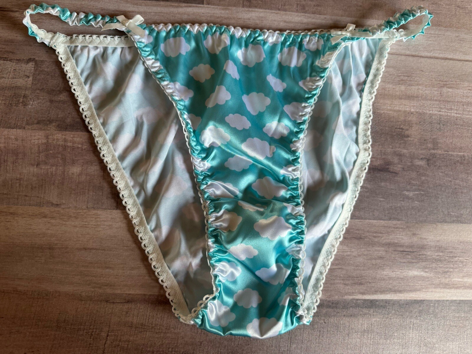 NWOT Sz L Handmade Shiny Blue Cloud Silky Satin String Bikini Panties
