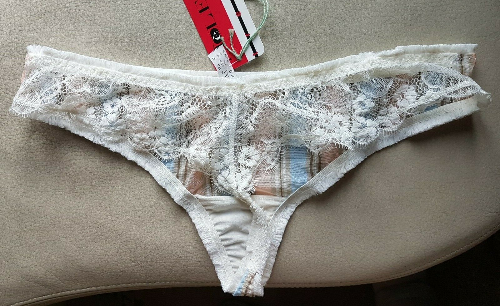 Sielei Sheer Striped Mesh/Lace Panels Blue/Brown/Peach/Ivory Thong Fringe Trim S