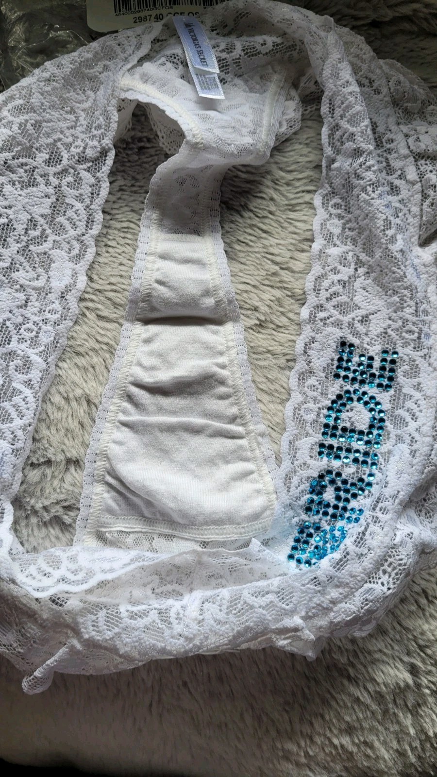 NIP Vtg Victoria’s Secret “BRIDE” White Lace Thong Rhinestone O/S Sexy Panties