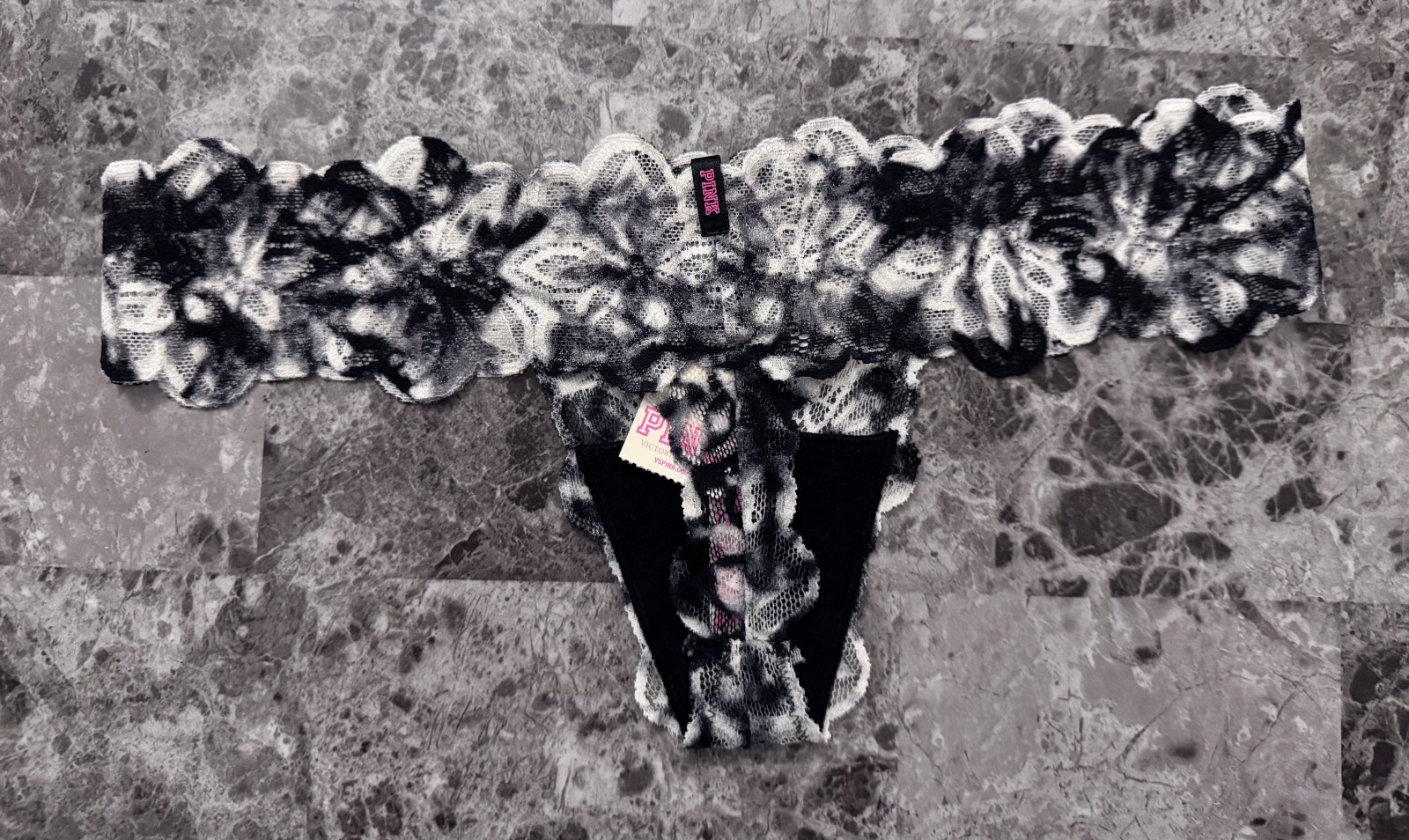 NWT VICTORIA’S SECRET PINK XS GRAY BLACK TIE DYE FLORAL LACE RARE THONG PANTIES