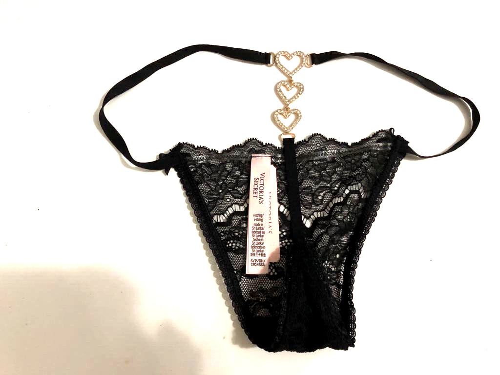 Victoria’s Secret Black Lace Rhinestone Hearts V-string Thong Panty Small NWT