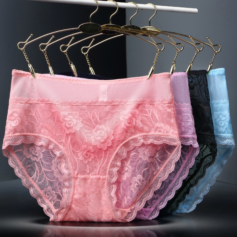 4 Pack High Waist Lace Sheer Floral Panties Sexy Breathable Plus Size Underwear