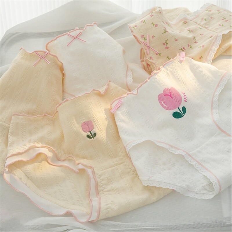 Women s Flower Embroidered Ruffled Panties Breathable Cotton Briefs for Everyday