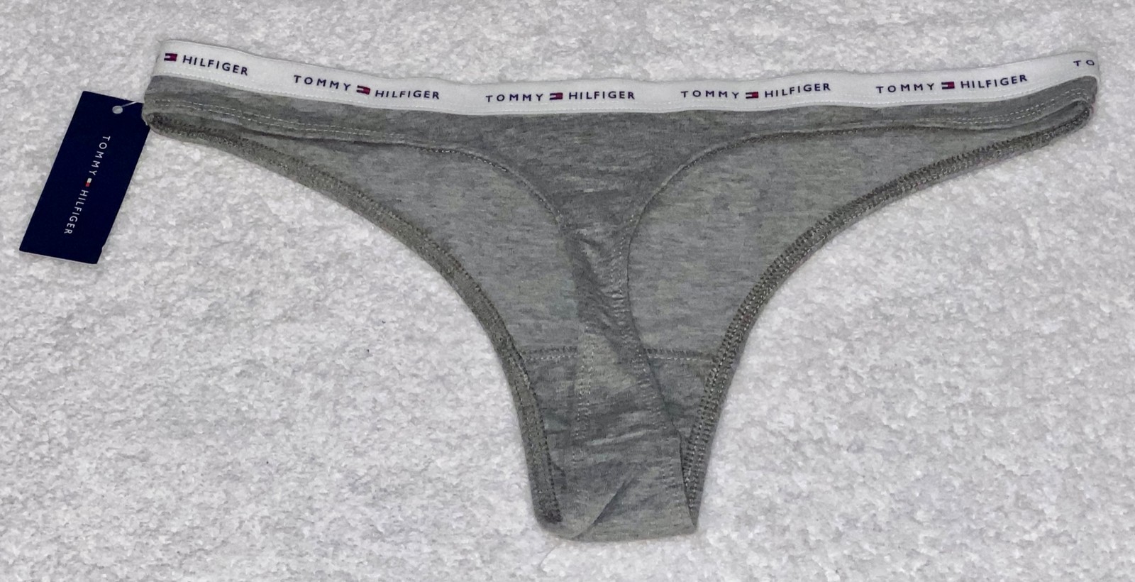 TOMMY HILFIGER Classic Cotton Heather Grey Logo Band Thong Panty NEW Womens L 7