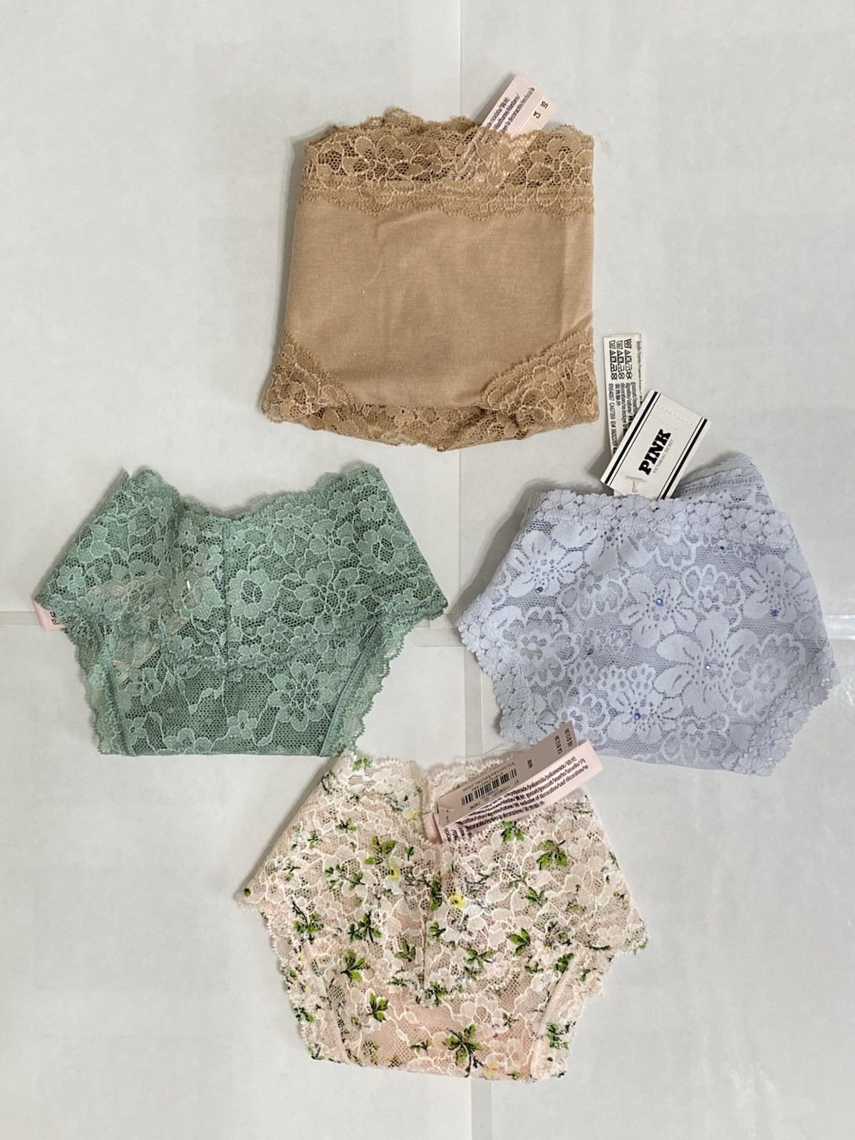 Victoria’s Secret Lot of 4 Lace Cheeky Bikinis/Thongs NWT Assorted Colors Size M