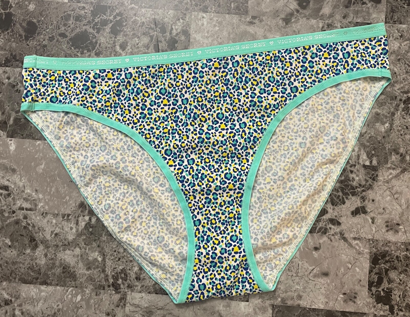VICTORIA’S SECRET XL AQUA TEAL BLUE YELLOW LEOPARD LOGO BAND RARE BIKINI PANTIES