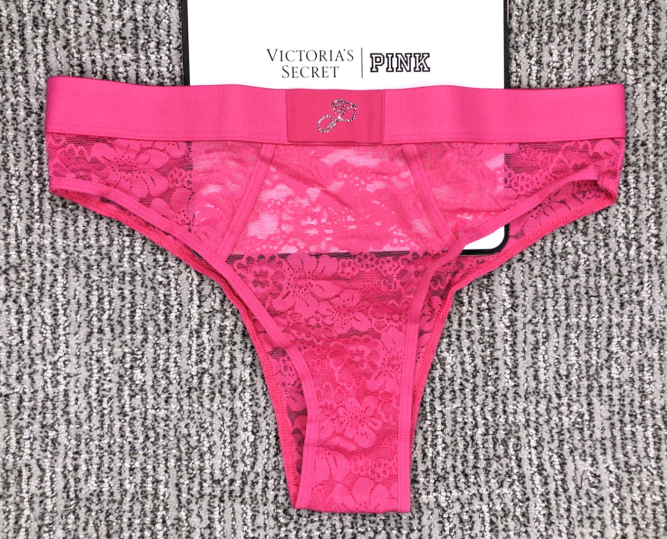 Victoria’s Secret PINK NWT Small Pink Lace High Leg Brazilian Panty Logo Wink