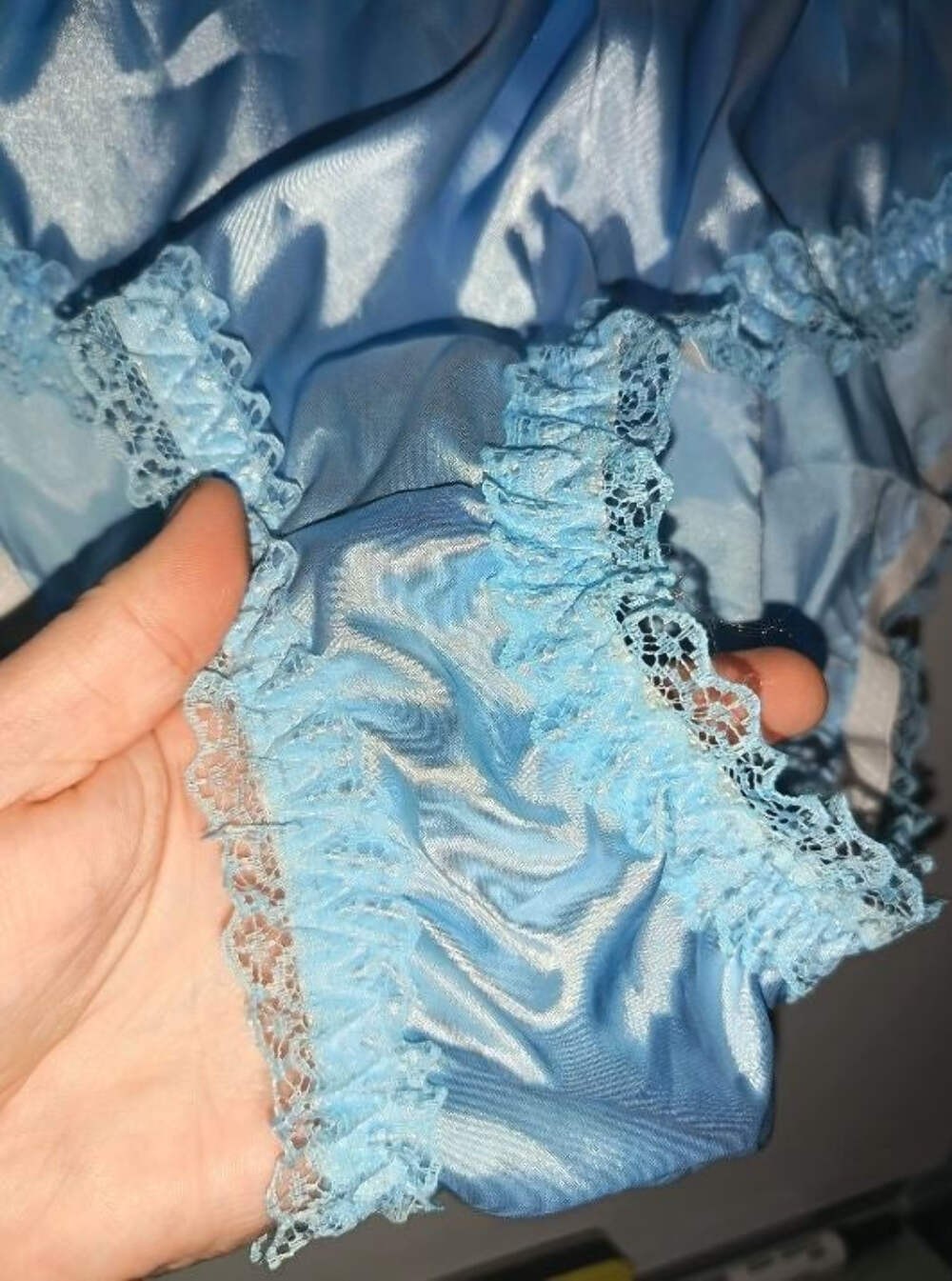Baby blue Satin Frilly Knickers Lace Trim Vintage Style panties size 2XL 20-22