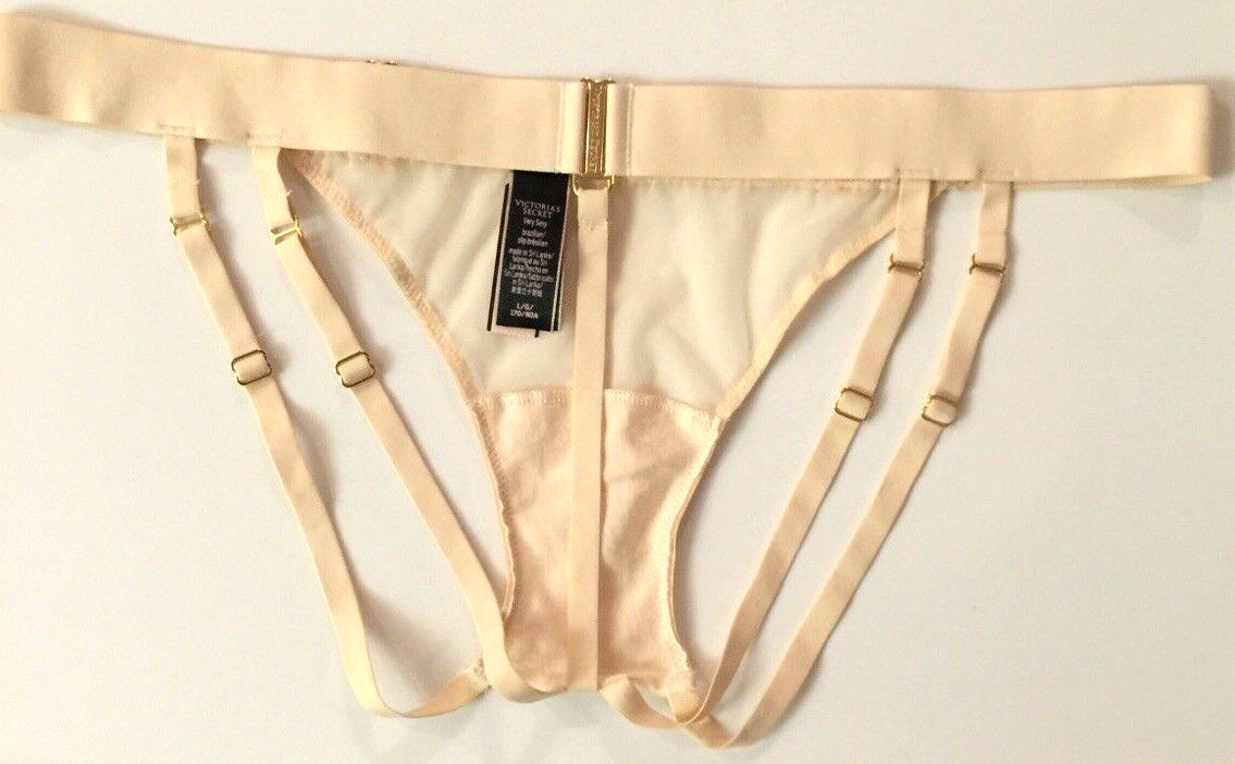 Victorias Secret Sexy Beige Brazilian Panties Size L Strappy Adj Metal Hardware