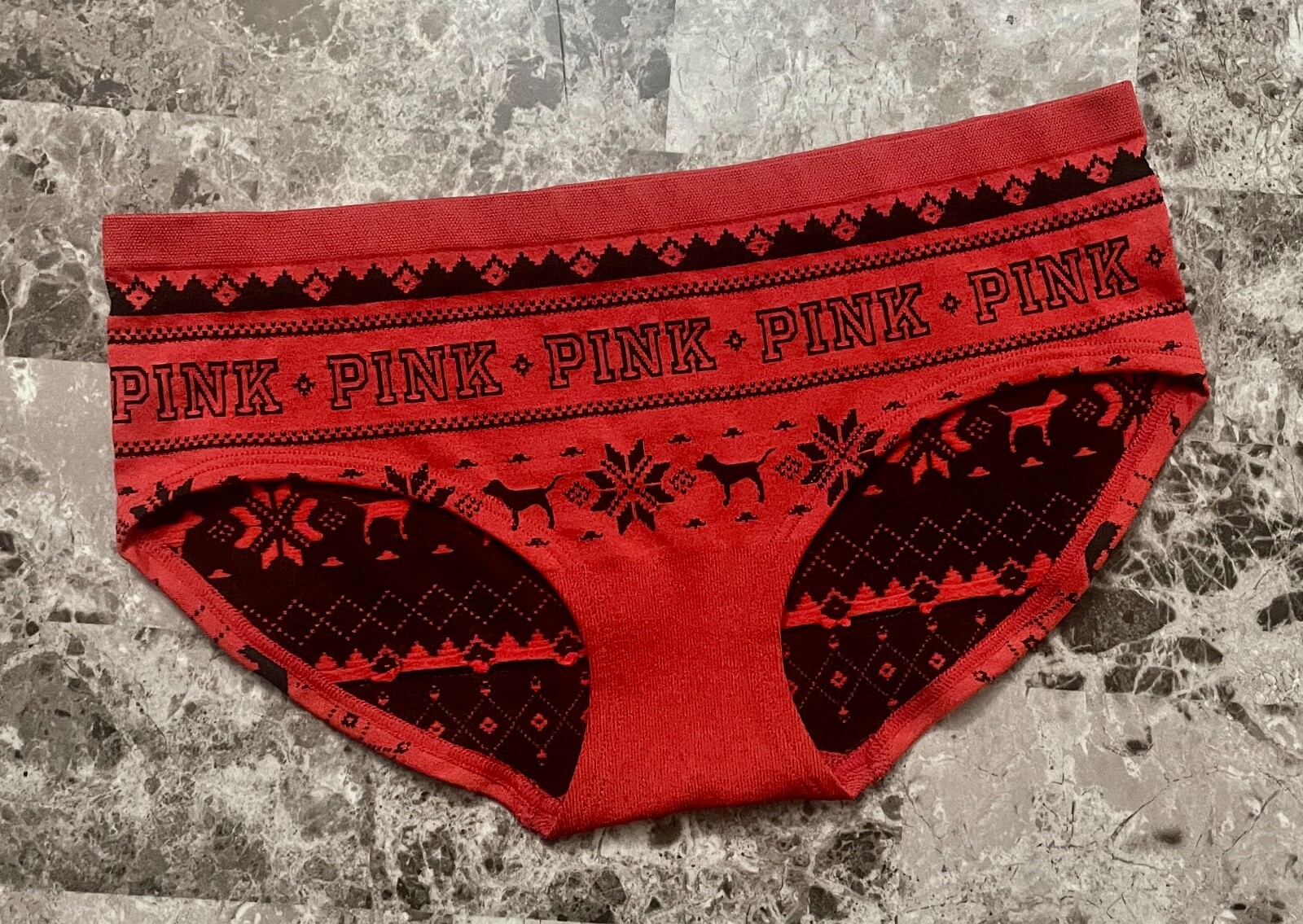 VICTORIA’S SECRET PINK XS RED FAIR ISLE SNOWFLAKE SEAMLESS RARE HIPSTER PANTIES