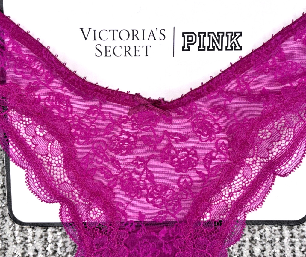 Victoria’s Secret Tease NWT Medium Purple Floral Logo Lace High Leg Thong Panty