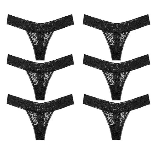 Pack 6 Seamless Lace Thongs for Women Plus Size 4X-Large 6 Pcs Black Thongs