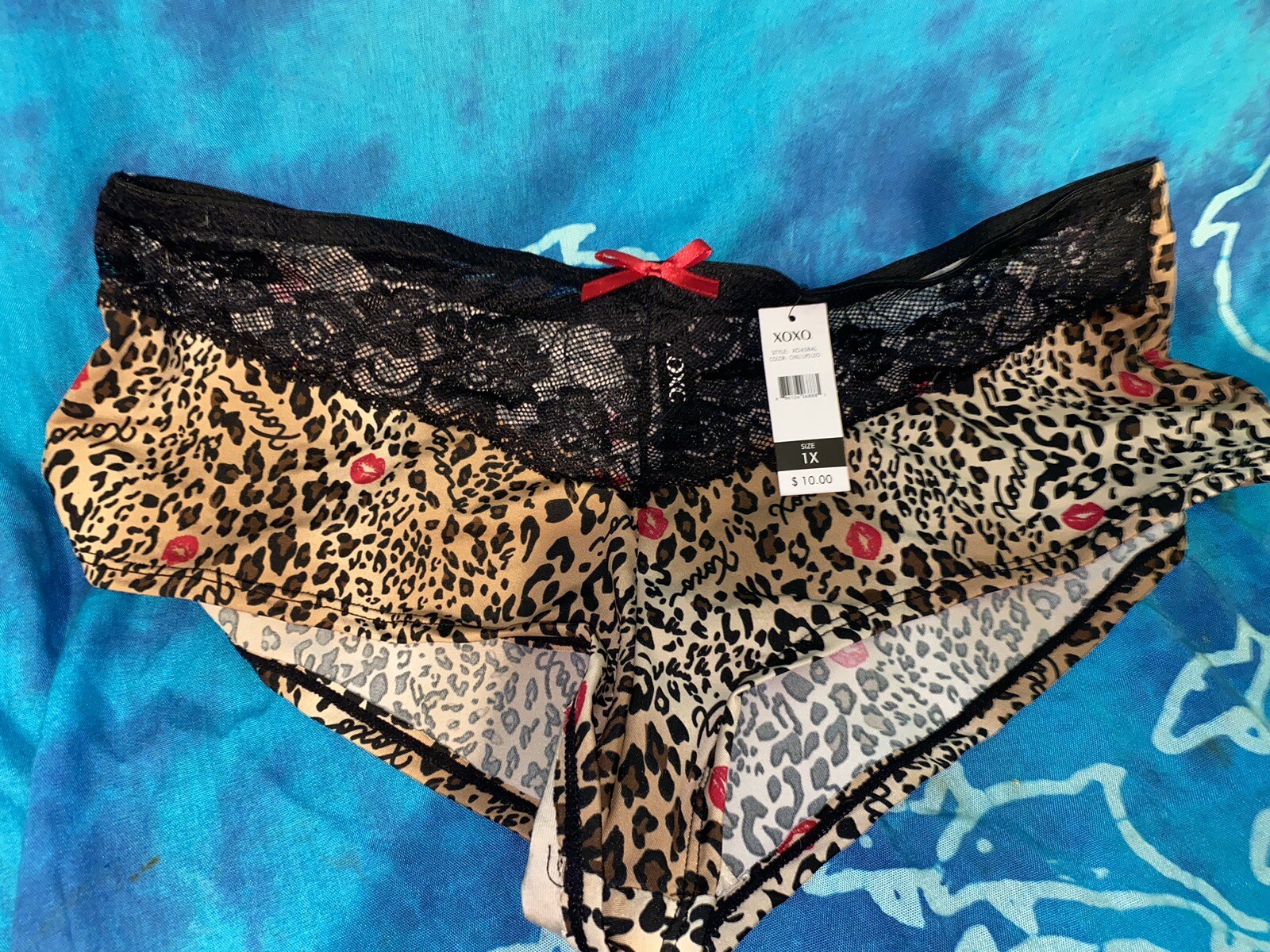 NWT XOXO Sheer Black Lace Leopard Print Red Lips Kiss Cheeky Boyshort Panties 1X
