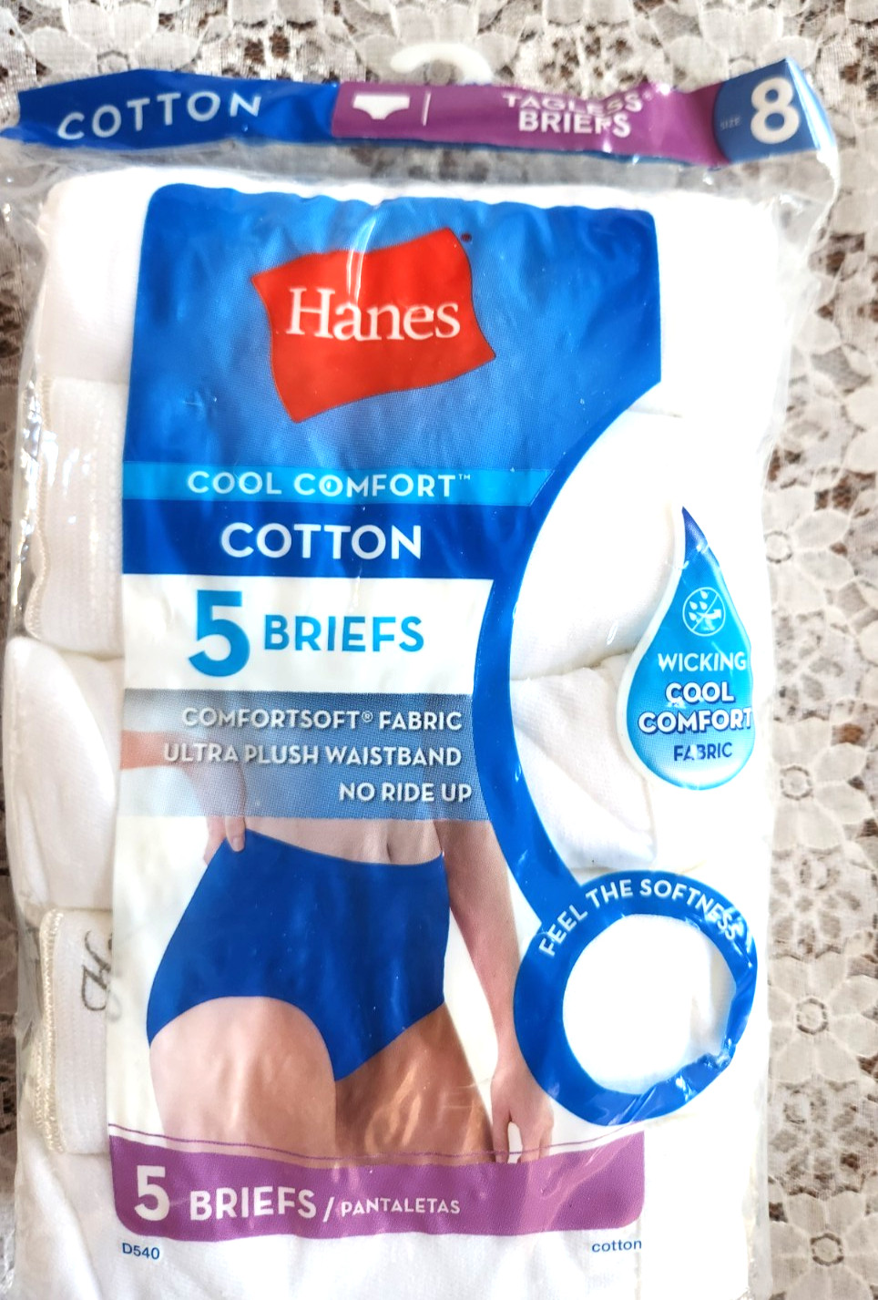 5 Pack HANES TAGLESS BRIEFS, 5 White Cool Comfort Cotton, Women’s 8/XL, New