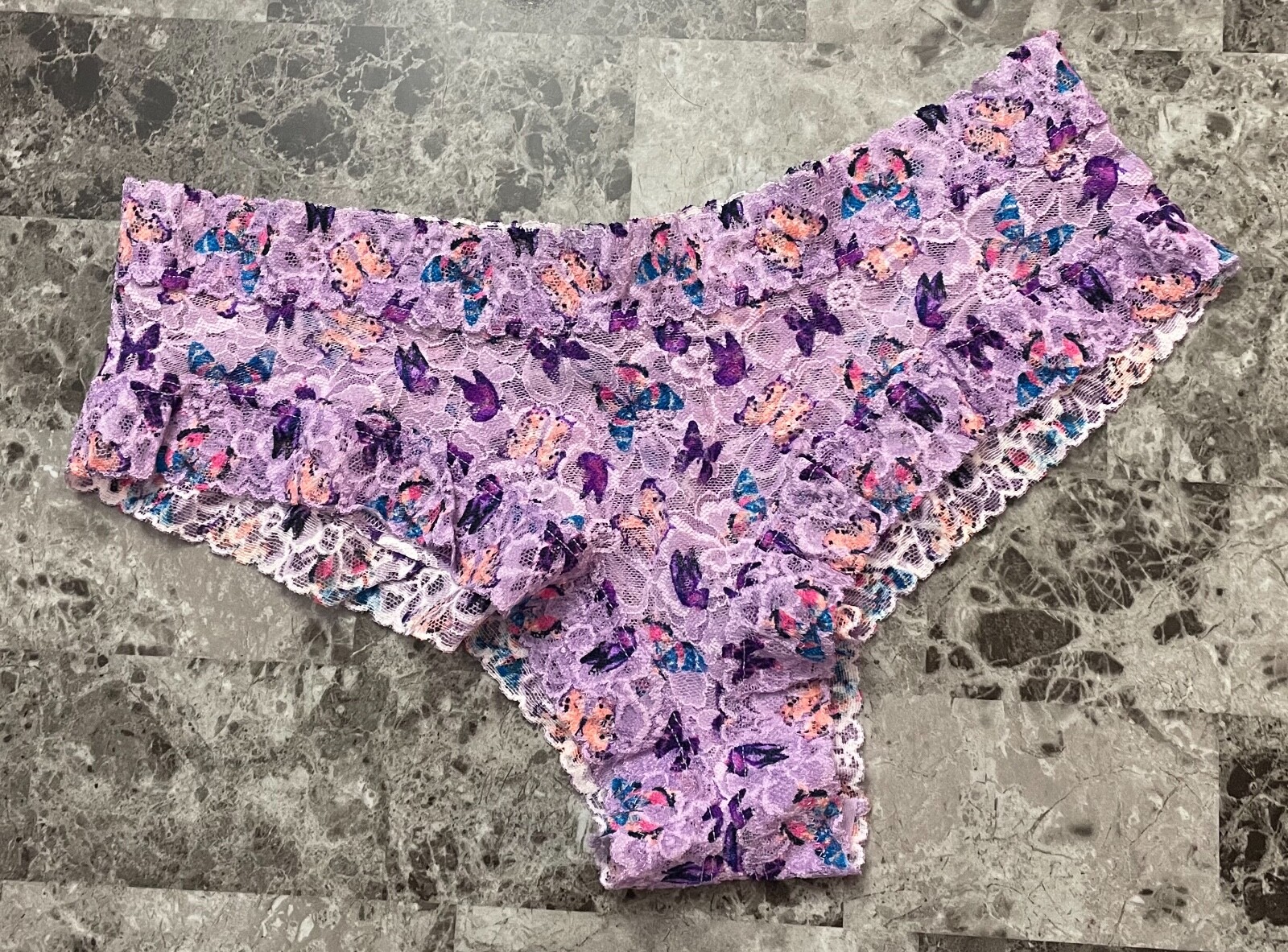 NWT VICTORIA’S SECRET L XL PURPLE PINK BLUE BUTTERFLY FLORAL LACE CHEEKY PANTIES