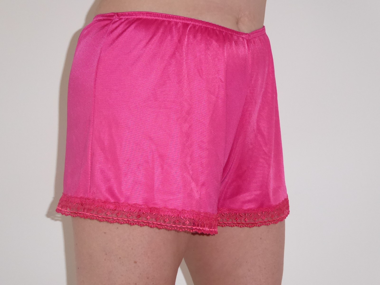 Cerise Satin French Knickers 10/12 in Simplex Nylon with Cerise Lace