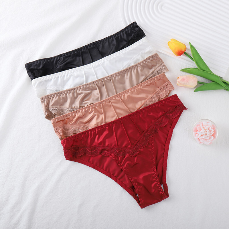 5pcs Lot Sexy Womens Smooth Satin Panties Lingeries High Cut Bikinis Underwear