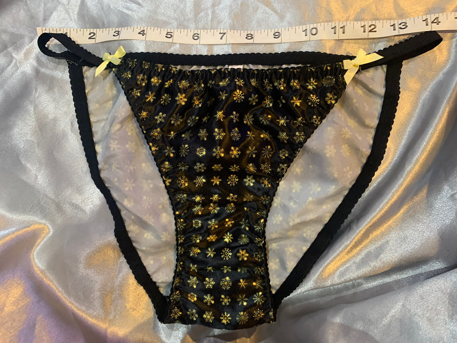 Nwot Handmade Sz L black gold snowflake satin string bikini Sissy panties