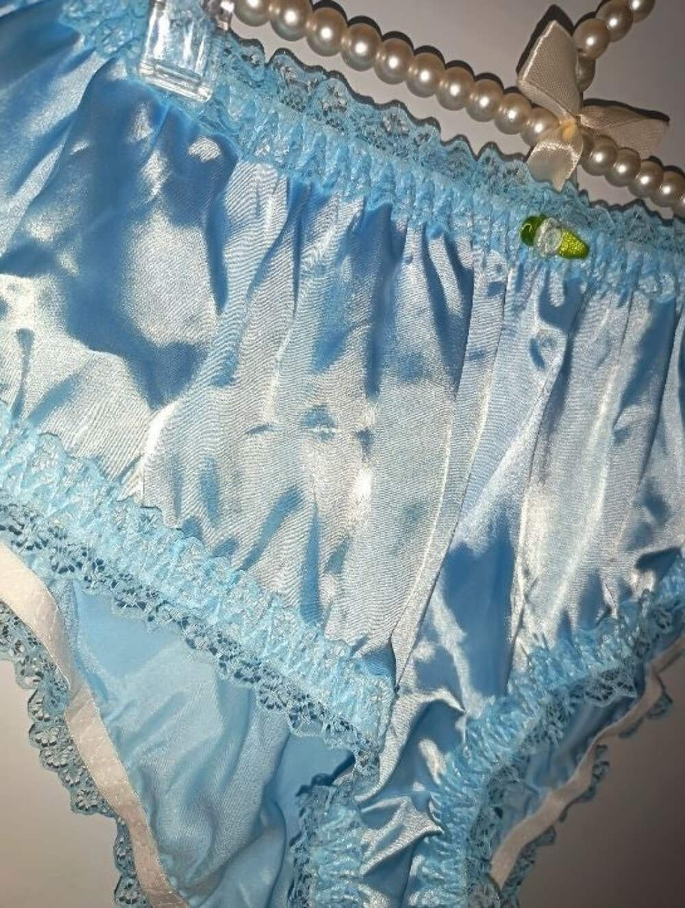 Baby blue Satin Frilly Knickers Lace Trim Vintage Style panties size 2XL 20-22