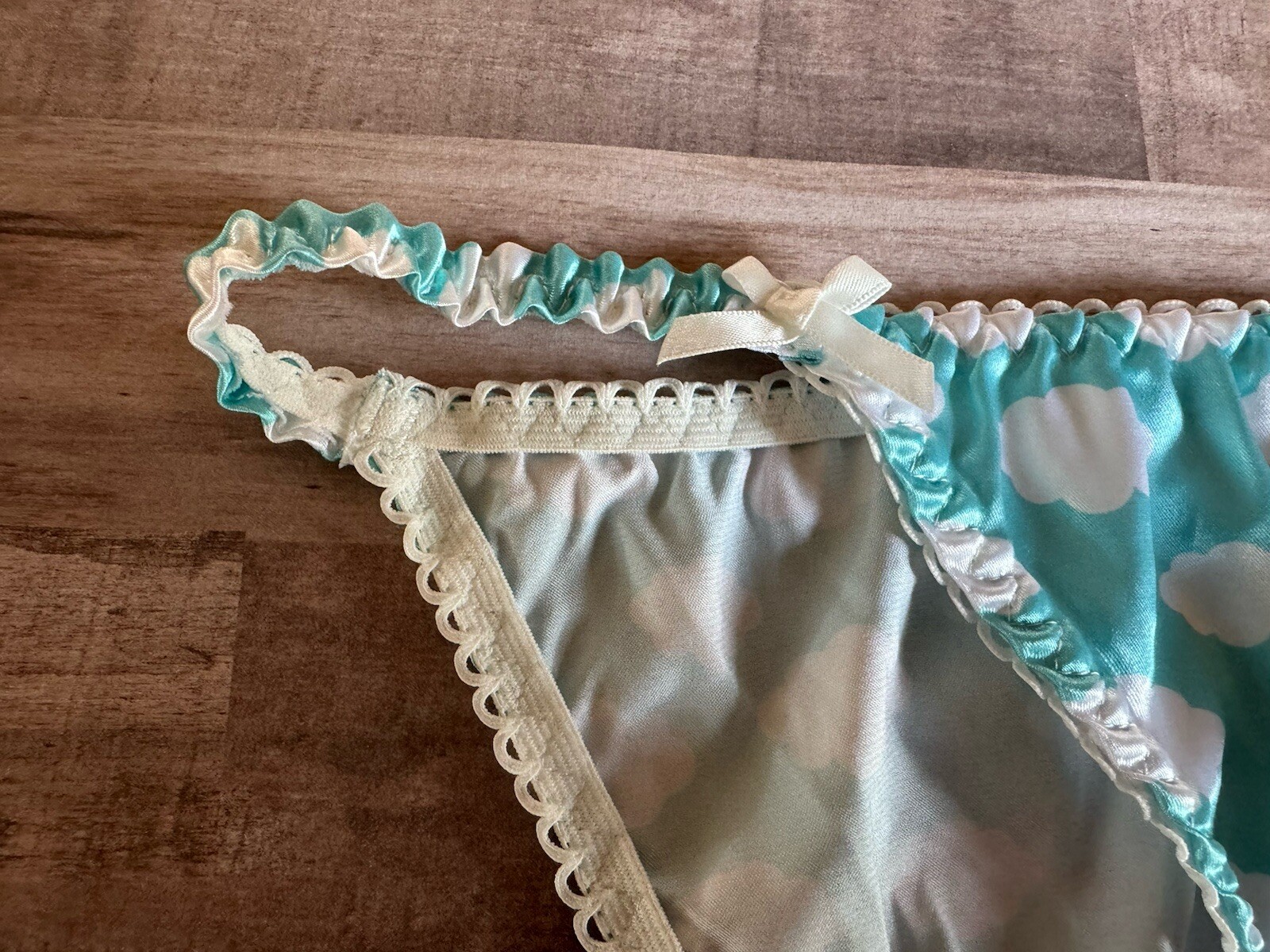 NWOT Sz L Handmade Shiny Blue Cloud Silky Satin String Bikini Panties