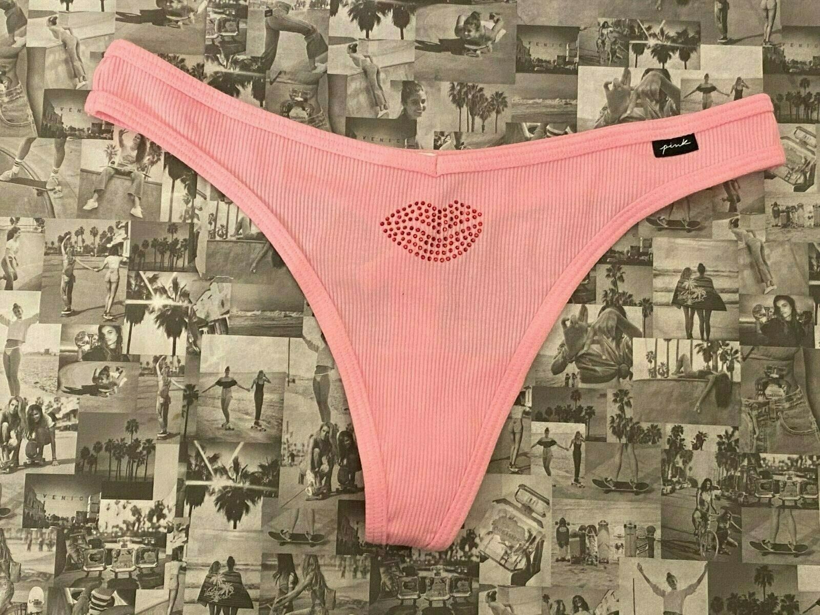 NWT Victoria’s Secret Pink V -cut Cotton Thong Pantie Panty Bling Red Lips M