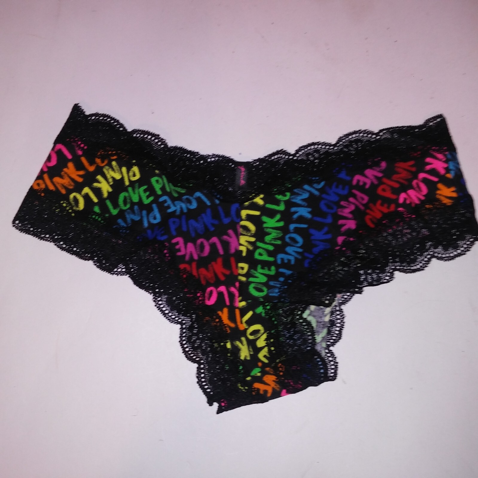 Victoria Secret PINK Panty Cheekster Black Lace Colorful Rainbow Allover Logo