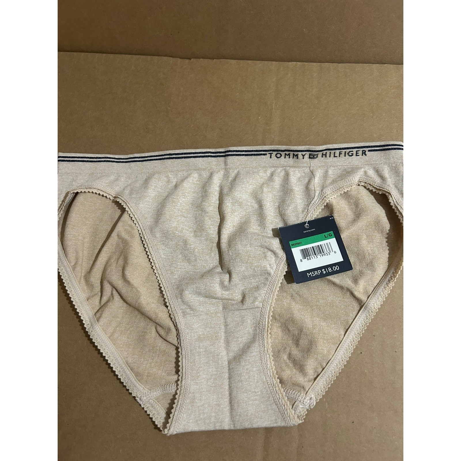 Tommy Hilfiger Womens Bikini Panty Heather Tan Logo Waistband Scalloped Trim L/G