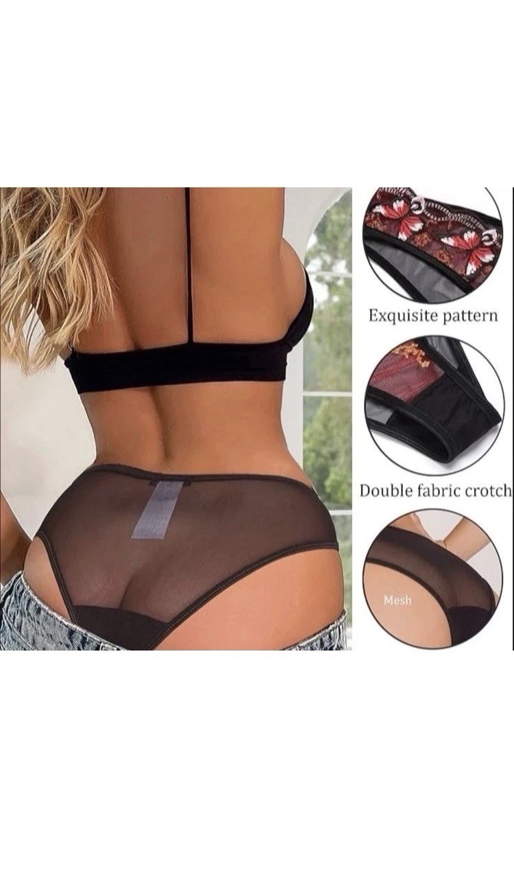 Women’s L Mesh Bikini Panties Sheer Semi-Transparent Floral Embroidered Strap
