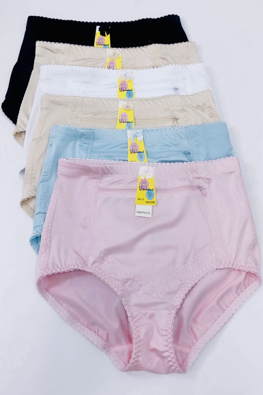 6 HIGH WAIST BRIEFS GIRDLES PANTIES TUMMY CONTROL ZIPPER TRAVEL SAFE POCKET Sz L