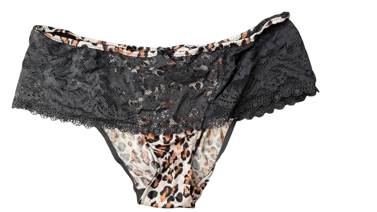 Animal Print Lace Trim Bikini Underwear Womens Small Leopard Black Satin Panties