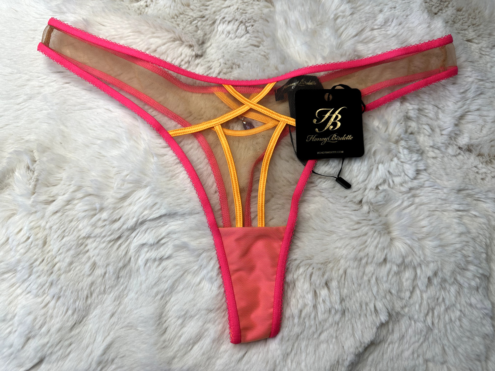 Honey Birdette SASKIA💛 Neon Pink Orange Mango Thong Large
