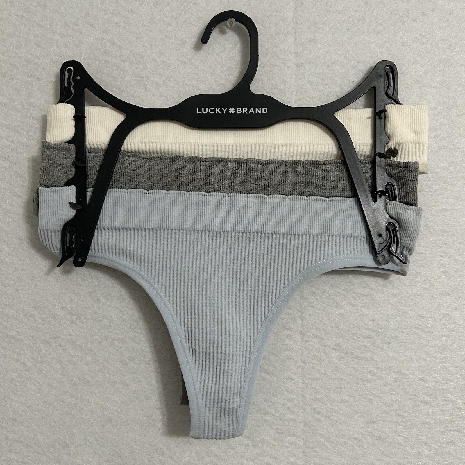Lucky Brand Thong Women Small 3 pk Ivory Gray Blue Solid Stretch Ribd Comfy NWOT