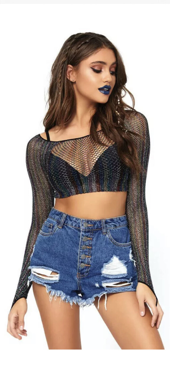 Sexy Rainbow lurex glitter long sleeved crop top New In Box Leg Avenue