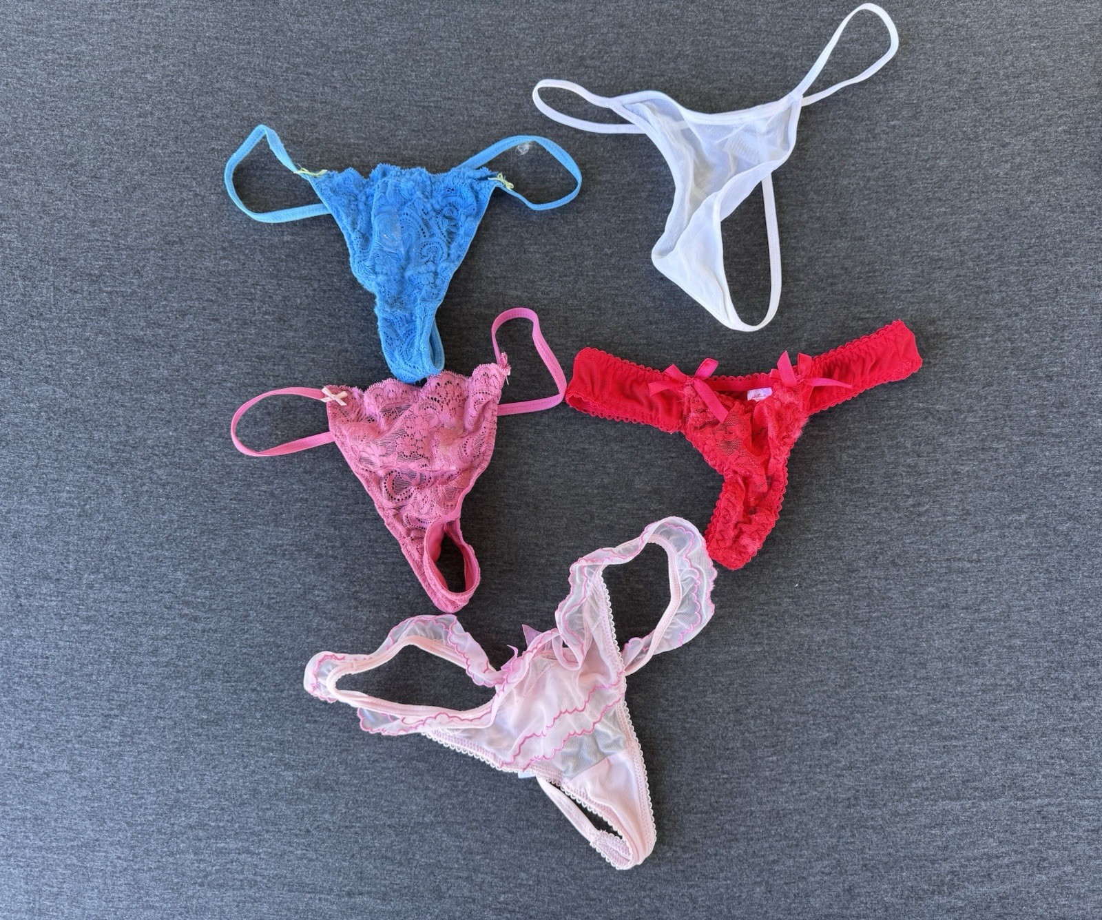 Lace & Mesh Thong Lot 5 Pink Blue Red White Lingerie Bundle Sz M & 6 NWOT