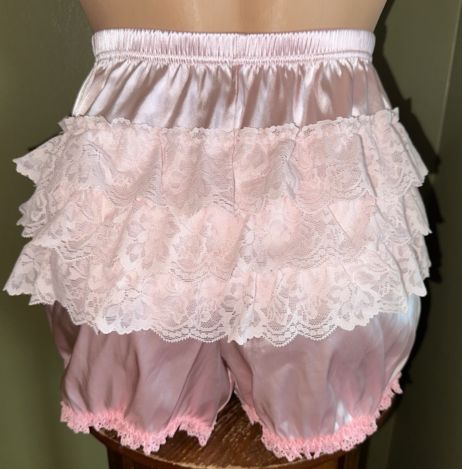 Glossy Pink Satin w Tiered Ruffled Lace Bloomers Long Leg Sissy Panties XL New