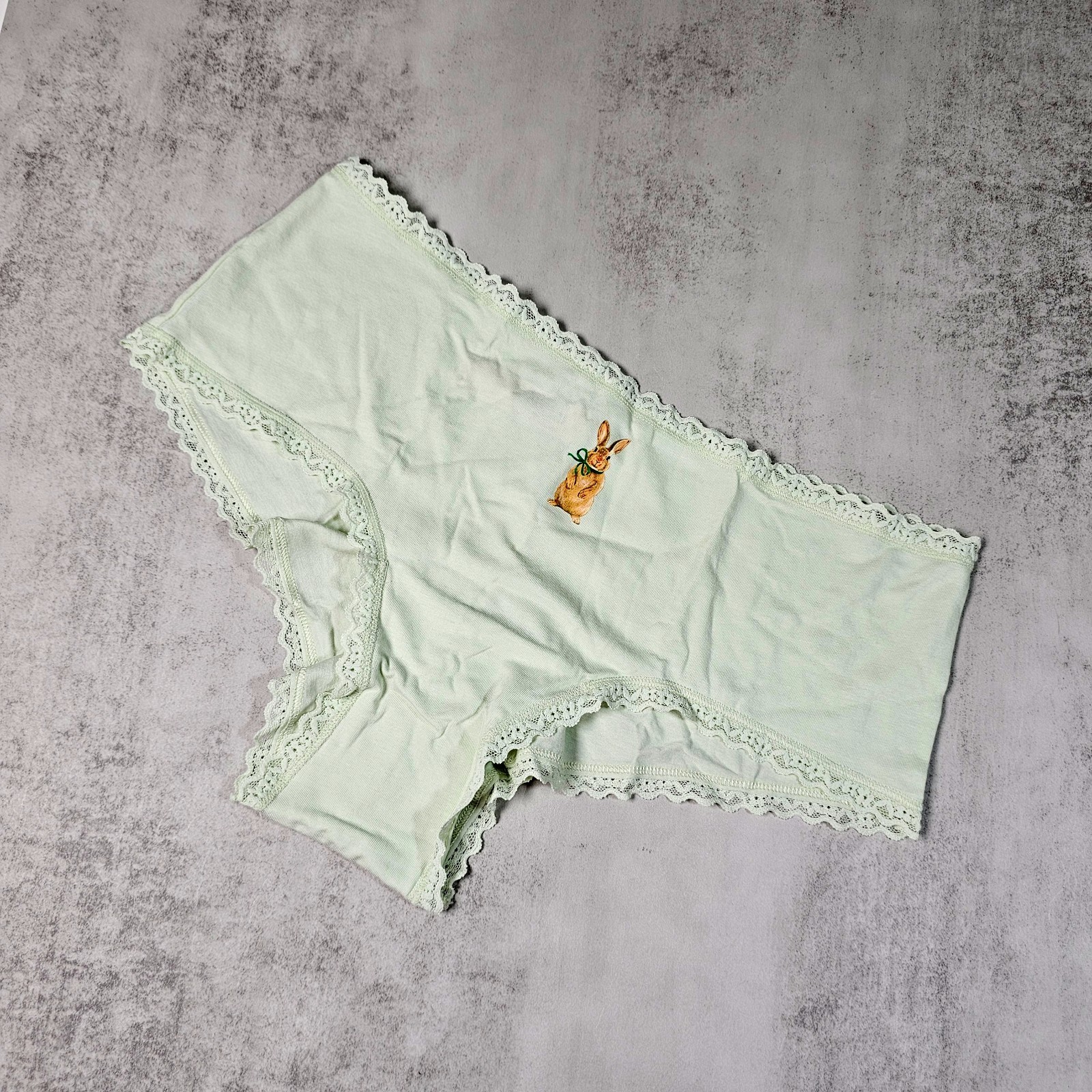Victoria’s Secret Cotton Modal Cheeky Panty Lace Trim Bunny Print, Mint Green, L