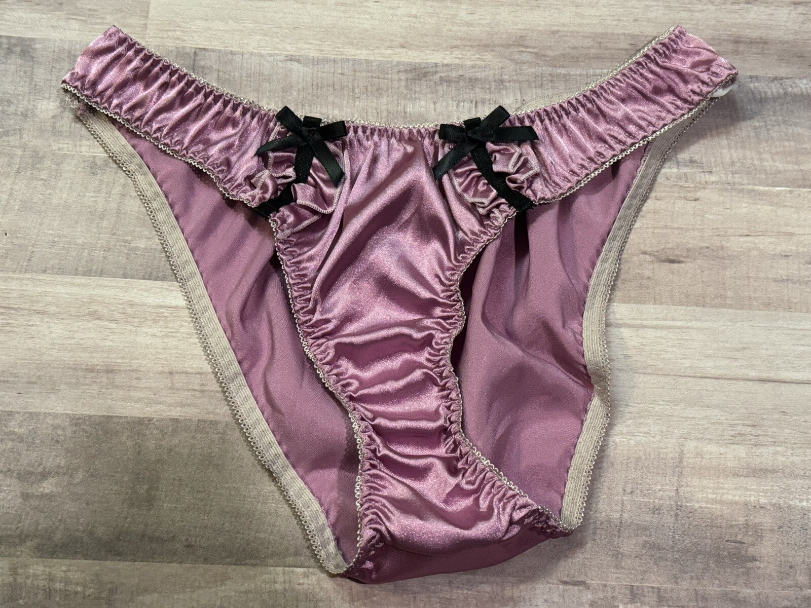 Soft Purple Satin Bikini Brief Panties Black Bow Trim Sz XL
