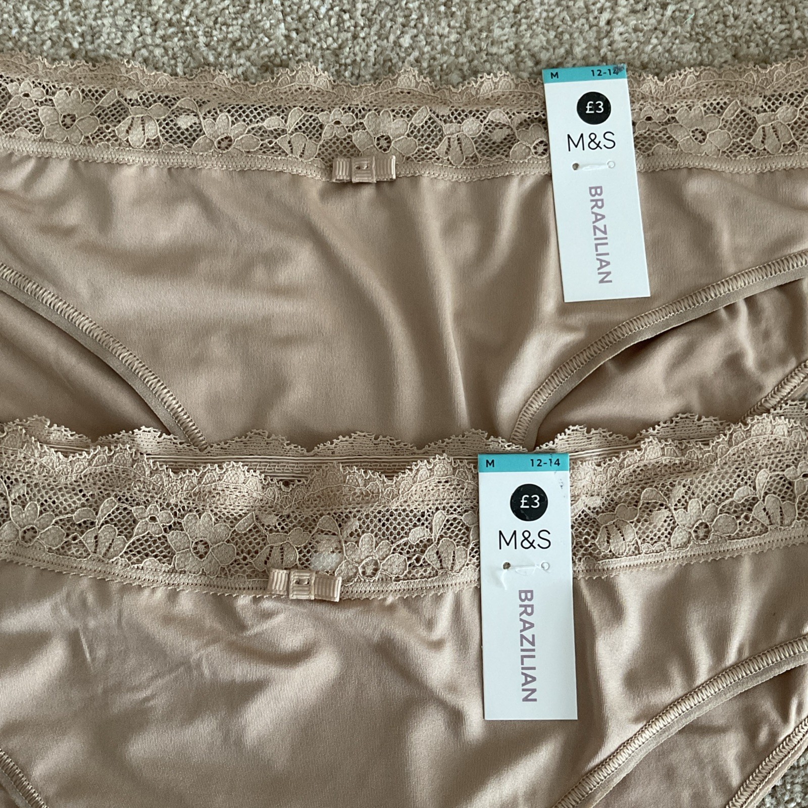 M&S 2 PACK Size M 12-14 Ladies Pretty Soft Brazilian Knickers Rose Quartz Lace