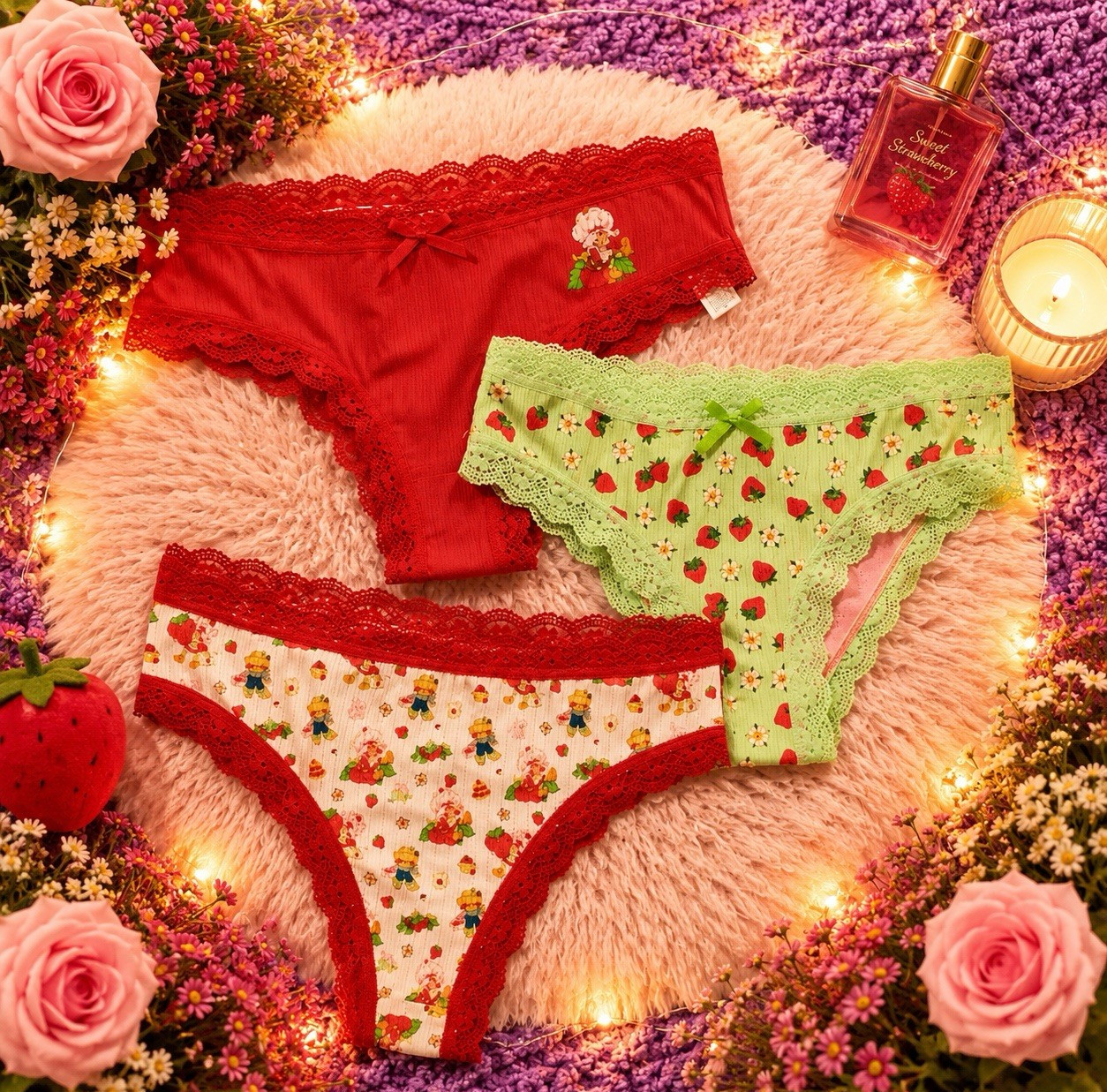 Women’s Teen Strawberry Shortcake Thong Kawaii Panties Cartoon Red 3pk. Large