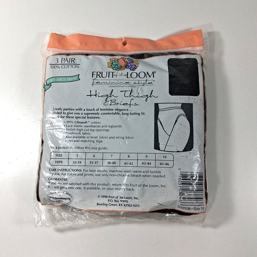 NOS 1990 Fruit of the Loom High Thigh Briefs Womens 10 Black Panties 3 Pack USA