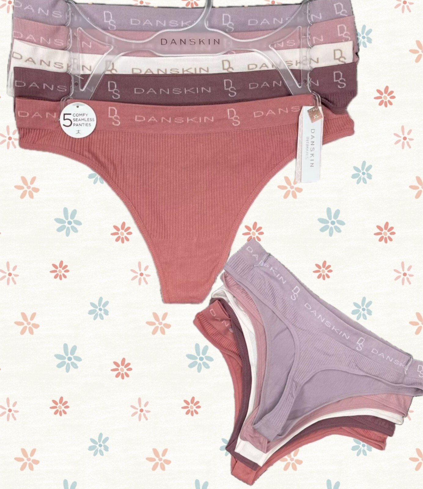 Danskin XL Fall Colors Logo Waistband Ribbed Seamless Stretch Thong Panties-5 PK